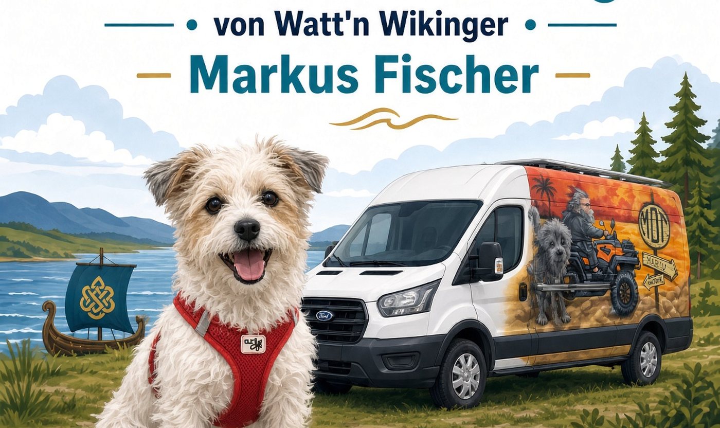 Lucy mit rotem Geschirr und der Van von Watt'n Hunde-Sitting vor See und Landschaft